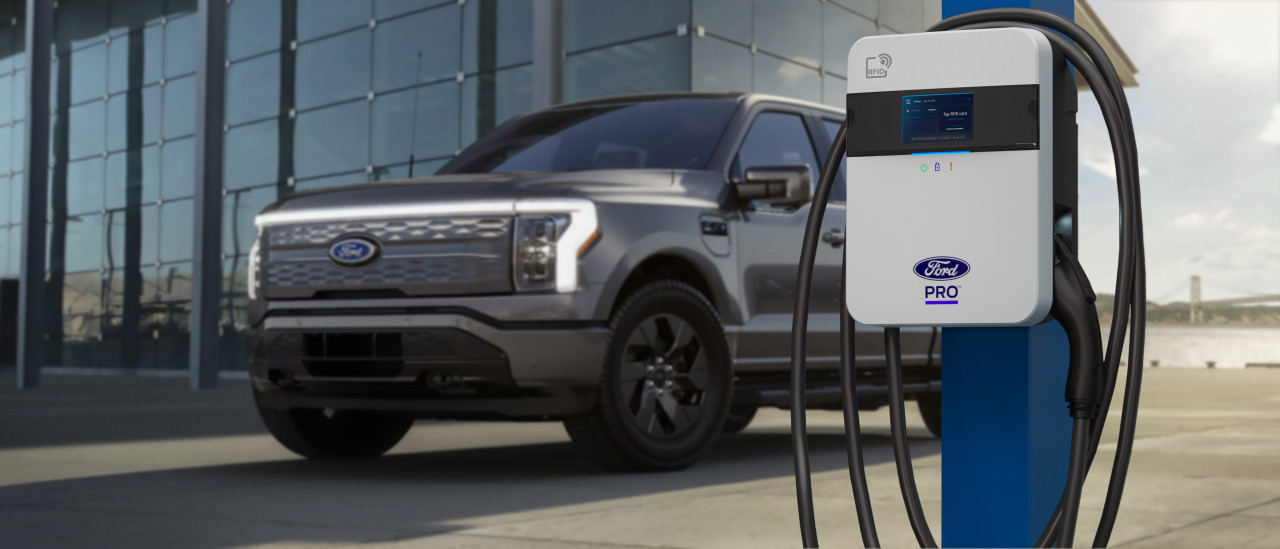 An artistic image of a Ford EV near the Ford Pro charging port.