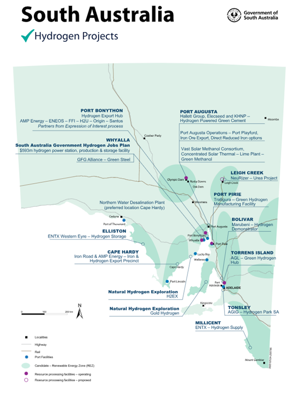 A map of South Australia's Hydrogen Projects. 